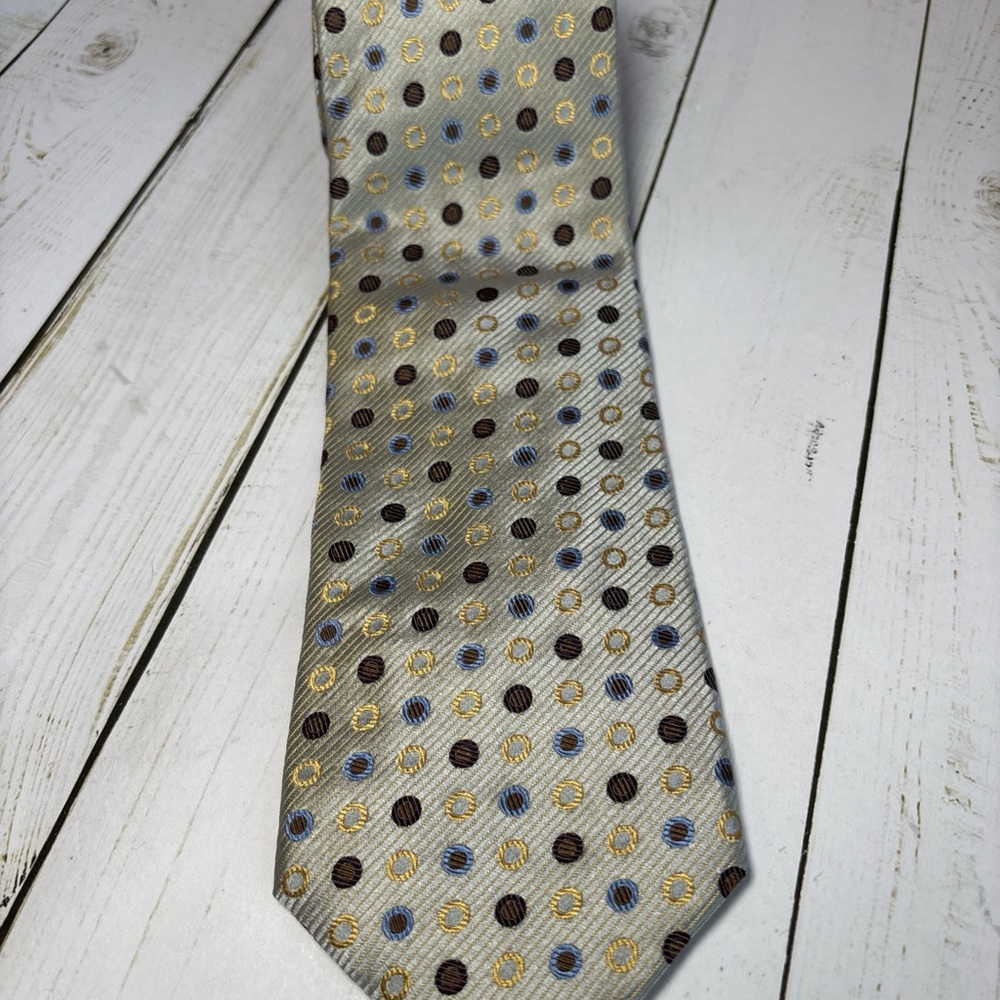 XMI Classic Italian Silk Silver Brown Blue Geometric Circles Hand USA 58”x3.3/4”